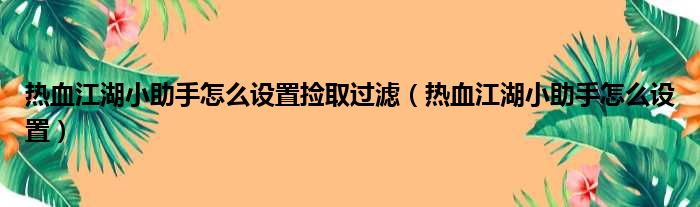 热血江湖小助手怎么设置捡取过滤（热血江湖小助手怎么设置）