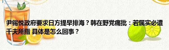 尹锡悦政府要求日方提早排海？韩在野党痛批：若属实必遭千夫所指 具体是怎么回事？