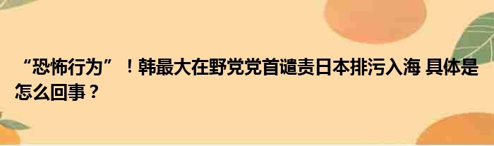 “恐怖行为”！韩最大在野党党首谴责日本排污入海 具体是怎么回事？