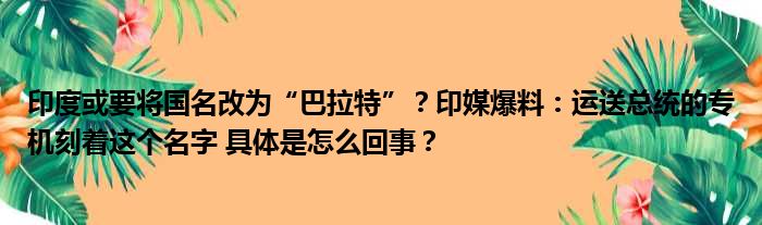 印度或要将国名改为“巴拉特”？印媒爆料：运送总统的专机刻着这个名字 具体是怎么回事？