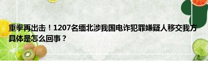 重拳再出击！1207名缅北涉我国电诈犯罪嫌疑人移交我方 具体是怎么回事？