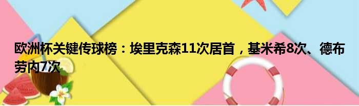 欧洲杯关键传球榜：埃里克森11次居首，基米希8次、德布劳内7次