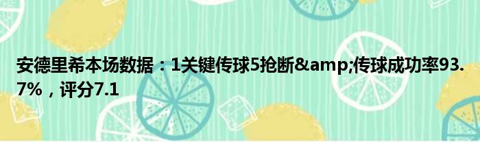 安德里希本场数据：1关键传球5抢断&传球成功率93.7%，评分7.1