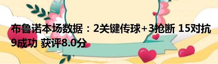 布鲁诺本场数据：2关键传球+3抢断 15对抗9成功 获评8.0分