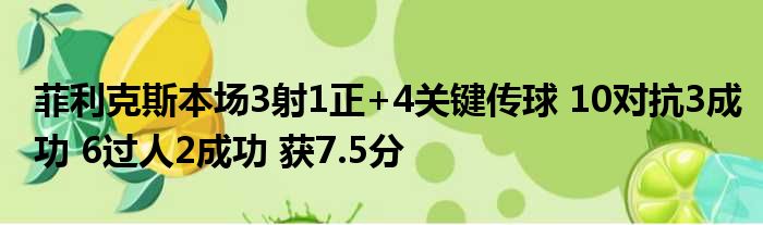 菲利克斯本场3射1正+4关键传球 10对抗3成功 6过人2成功 获7.5分