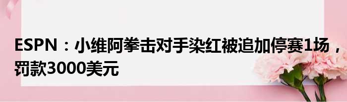 ESPN：小维阿拳击对手染红被追加停赛1场，罚款3000美元