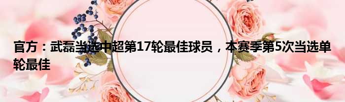 官方：武磊当选中超第17轮最佳球员，本赛季第5次当选单轮最佳