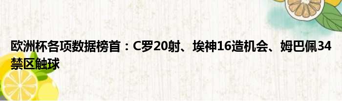 欧洲杯各项数据榜首：C罗20射、埃神16造机会、姆巴佩34禁区触球