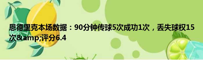 恩德里克本场数据：90分钟传球5次成功1次，丢失球权15次&评分6.4