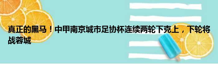 真正的黑马！中甲南京城市足协杯连续两轮下克上，下轮将战蓉城