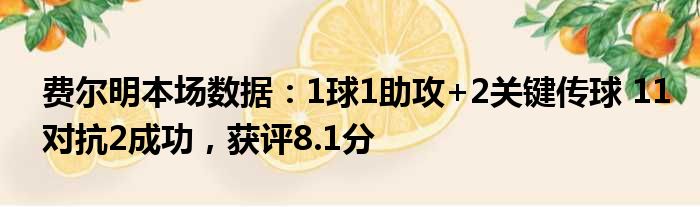 费尔明本场数据：1球1助攻+2关键传球 11对抗2成功，获评8.1分