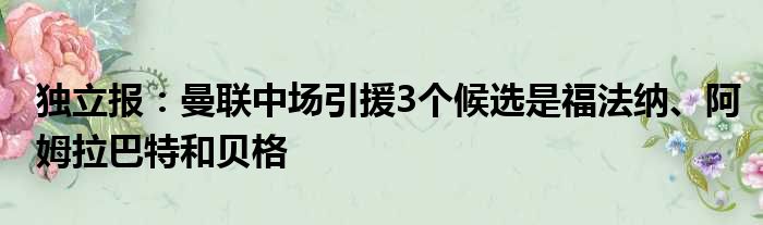 独立报：曼联中场引援3个候选是福法纳、阿姆拉巴特和贝格