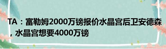 TA：富勒姆2000万镑报价水晶宫后卫安德森，水晶宫想要4000万镑