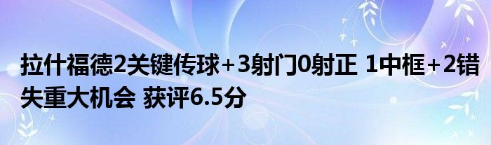 拉什福德2关键传球+3射门0射正 1中框+2错失重大机会 获评6.5分