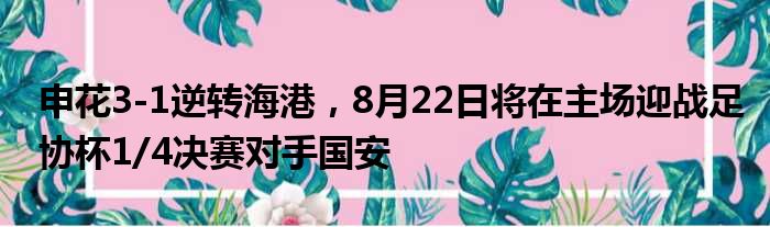 申花3-1逆转海港，8月22日将在主场迎战足协杯1/4决赛对手国安