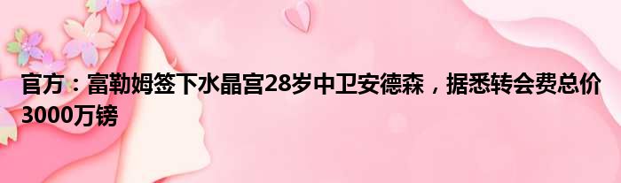 官方：富勒姆签下水晶宫28岁中卫安德森，据悉转会费总价3000万镑