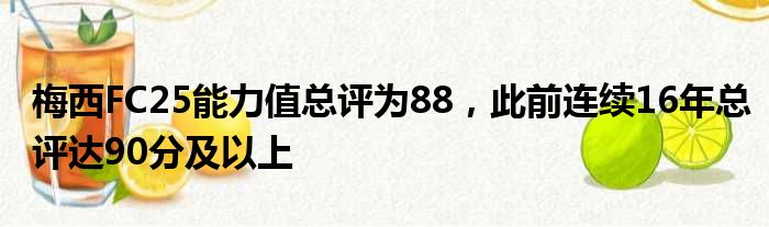 梅西FC25能力值总评为88，此前连续16年总评达90分及以上